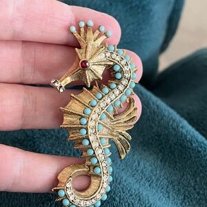 Vintage Gold Seahorse Brooch with Turquoise, Cubic Zirconias and a Ruby Eye!